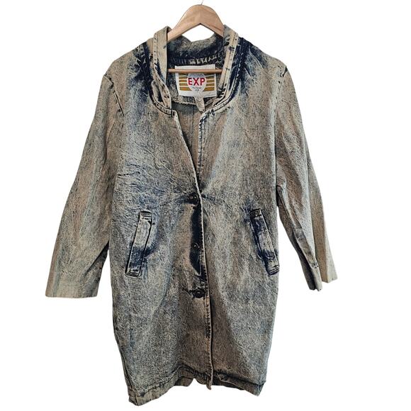 Vintage Denim Jacket Womens XL Blue Acid Wash Long Retro Glam Rock Punk - Picture 1 of 11